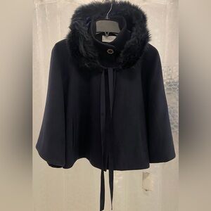 Tahari Nadjia Blue Capelet Jacket Coat W Removable Faux Fur Collar